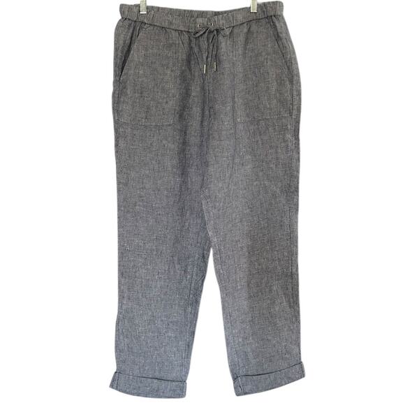 Saks Fifth Avenue 100%Linen Pants Women's Large Blue Grey Elastic Waist Cuffed - Picture 1 of 7